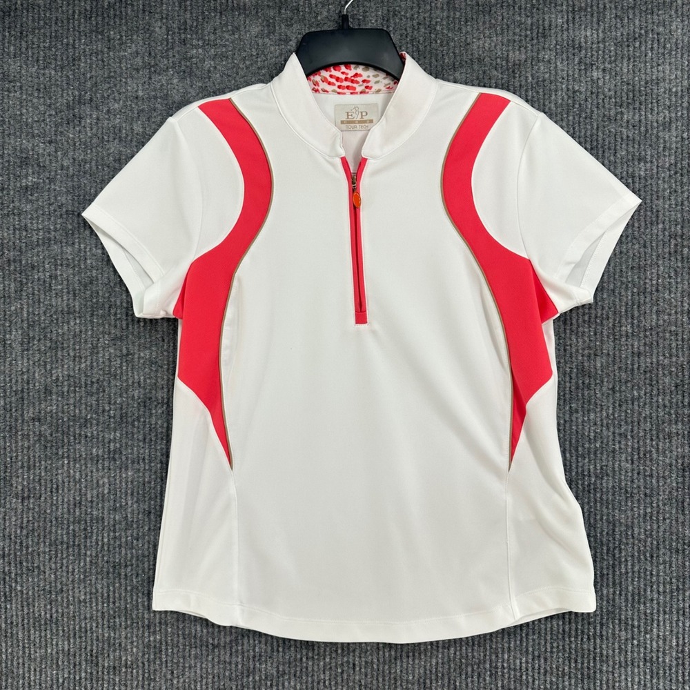 EP Pro Tour Tech Polo Shirt Womens Large White Red Zip Golf Top Good Condition